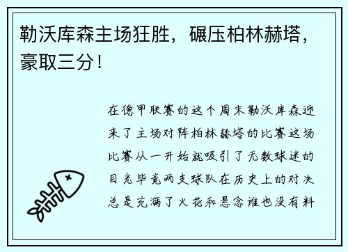 勒沃库森主场狂胜，碾压柏林赫塔，豪取三分！